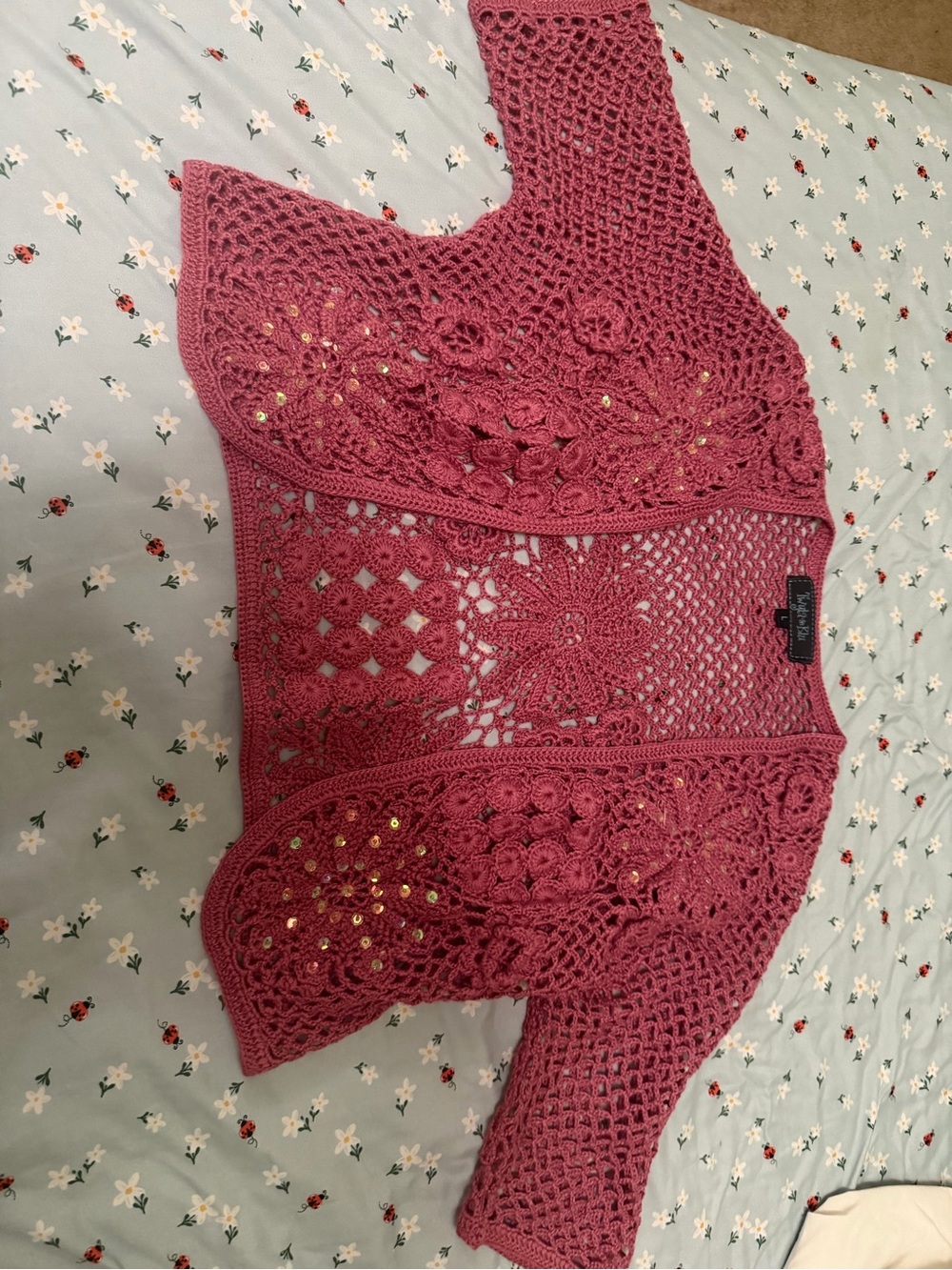 Dusty Rose Crochet Openwork Cardigan with Sequins - Picture 7 of 7